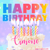 A vibrant animated name GIF with the words 'Happy Birthday Cimone' with colorful candles on a creamy cake. The background sparkles with pastel shades, adding a festive touch.