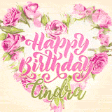 A stunning heart made of pink roses surrounds the elegant script text 'Happy Birthday Cindra' on a soft beige background. Animated sparkles add a magical and festive feel.