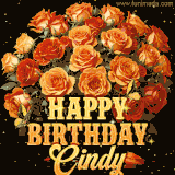 Animated bouquet of orange roses with moving butterfles and golden 'Happy Birthday Cindy' text, surrounded by sparkling accents and a dark backdrop for a luxurious feel.