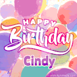 A vibrant name GIF featuring colorful balloons in shades of pink, orange, and yellow with the bold text 'Happy Birthday Cindy' in festive fonts, creating a lively birthday vibe.
