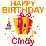 A vibrant and funny gift box character with a happy face dancing with a cupcake and the text 'Happy Birthday Cindy,' surrounded by animated confetti and party vibes.