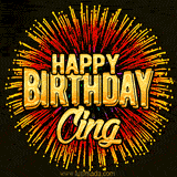 Golden 'Happy Birthday Cing' text accompanied by animated rainbow fireworks for a festive animated greeting.