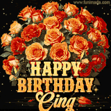Animated bouquet of orange roses with moving butterfles and golden 'Happy Birthday Cing' text, surrounded by sparkling accents and a dark backdrop for a luxurious feel.
