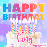 A vibrant animated name GIF with the words 'Happy Birthday Cing' with colorful candles on a creamy cake. The background sparkles with pastel shades, adding a festive touch.
