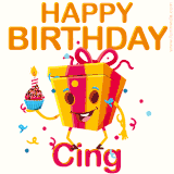 A vibrant and funny gift box character with a happy face dancing with a cupcake and the text 'Happy Birthday Cing,' surrounded by animated confetti and party vibes.