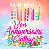 A white birthday cake covered in colorful sprinkles, topped with bright candles, and French text 'Bon Anniversaire Cinthia' on a pastel gradient background in an animated GIF.