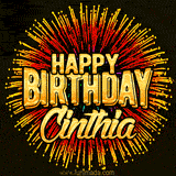 Golden 'Happy Birthday Cinthia' text accompanied by animated rainbow fireworks for a festive animated greeting.