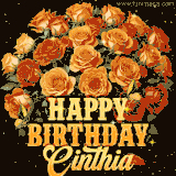 Animated bouquet of orange roses with moving butterfles and golden 'Happy Birthday Cinthia' text, surrounded by sparkling accents and a dark backdrop for a luxurious feel.