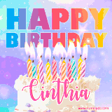 A vibrant animated name GIF with the words 'Happy Birthday Cinthia' with colorful candles on a creamy cake. The background sparkles with pastel shades, adding a festive touch.