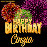 A golden 'Happy Birthday Cinzia' message with vibrant fireworks in the background, creating a festive and celebratory vibe in this animated name GIF.