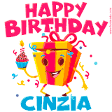 A vibrant and funny gift box character with a happy face dancing with a cupcake and the text 'Happy Birthday Cinzia,' surrounded by animated confetti and party vibes.