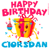 A vibrant and funny gift box character with a happy face dancing with a cupcake and the text 'Happy Birthday Ciorsdan,' surrounded by animated confetti and party vibes.