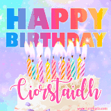 A vibrant animated name GIF with the words 'Happy Birthday Ciorstaidh' with colorful candles on a creamy cake. The background sparkles with pastel shades, adding a festive touch.