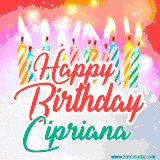 Bright birthday candles with rainbow flames on a cake, alongside the text 'Happy Birthday Cipriana' in vibrant script in this celebratory animated GIF.