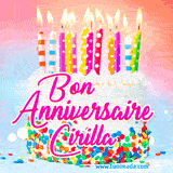 A white birthday cake covered in colorful sprinkles, topped with bright candles, and French text 'Bon Anniversaire Cirilla' on a pastel gradient background in an animated GIF.