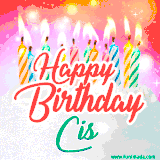 Bright birthday candles with rainbow flames on a cake, alongside the text 'Happy Birthday Cis' in vibrant script in this celebratory animated GIF.