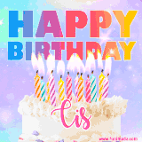 A vibrant animated name GIF with the words 'Happy Birthday Cis' with colorful candles on a creamy cake. The background sparkles with pastel shades, adding a festive touch.