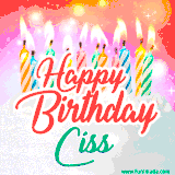 Bright birthday candles with rainbow flames on a cake, alongside the text 'Happy Birthday Ciss' in vibrant script in this celebratory animated GIF.
