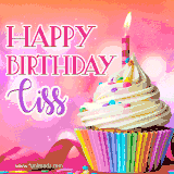 A vibrant birthday GIF featuring a rainbow-colored cupcake topped with white frosting, sprinkles, and a lit candle. The text reads 'Happy Birthday Ciss' in bold pink and violet letters with white outline.