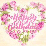A stunning heart made of pink roses surrounds the elegant script text 'Happy Birthday Ciss' on a soft beige background. Animated sparkles add a magical and festive feel.