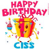 A vibrant and funny gift box character with a happy face dancing with a cupcake and the text 'Happy Birthday Ciss,' surrounded by animated confetti and party vibes.