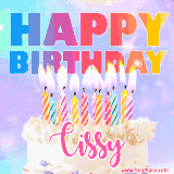 A vibrant animated name GIF with the words 'Happy Birthday Cissy' with colorful candles on a creamy cake. The background sparkles with pastel shades, adding a festive touch.