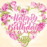 A stunning heart made of pink roses surrounds the elegant script text 'Happy Birthday Cissy' on a soft beige background. Animated sparkles add a magical and festive feel.