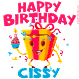 A vibrant and funny gift box character with a happy face dancing with a cupcake and the text 'Happy Birthday Cissy,' surrounded by animated confetti and party vibes.