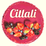 Beautifully decorated red velvet berry birthday cake with vibrant fruits and a glowing 'Citlali' name, adding a touch of sweetness and sparkle.