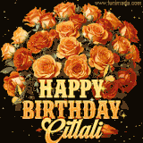 Animated bouquet of orange roses with moving butterfles and golden 'Happy Birthday Citlali' text, surrounded by sparkling accents and a dark backdrop for a luxurious feel.