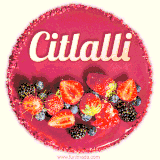 Beautifully decorated red velvet berry birthday cake with vibrant fruits and a glowing 'Citlalli' name, adding a touch of sweetness and sparkle.