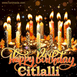 A glowing personalized birthday GIF with name Citlalli featuring lit candles with intricate designs, warm lighting, and the text 'Happy Birthday' in an elegant font.