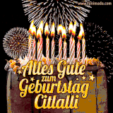 A chocolate birthday cake with glowing candles, the German text 'Alles Gute zum Geburtstag Citlalli,' and vibrant fireworks lighting up the background in an animated GIF.