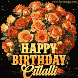 Animated bouquet of orange roses with moving butterfles and golden 'Happy Birthday Citlalli' text, surrounded by sparkling accents and a dark backdrop for a luxurious feel.