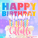 A vibrant animated name GIF with the words 'Happy Birthday Citlalli' with colorful candles on a creamy cake. The background sparkles with pastel shades, adding a festive touch.