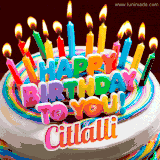 A colorful birthday cake topped with lit candles, with the words 'Happy Birthday Citlalli' in bold glowing letters on a burgundy background. Animated flames add a festive touch.