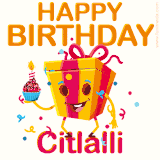 A vibrant and funny gift box character with a happy face dancing with a cupcake and the text 'Happy Birthday Citlalli,' surrounded by animated confetti and party vibes.