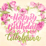 A stunning heart made of pink roses surrounds the elegant script text 'Happy Birthday Citlalmina' on a soft beige background. Animated sparkles add a magical and festive feel.