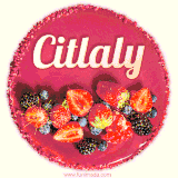 Beautifully decorated red velvet berry birthday cake with vibrant fruits and a glowing 'Citlaly' name, adding a touch of sweetness and sparkle.