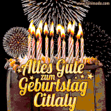 A chocolate birthday cake with glowing candles, the German text 'Alles Gute zum Geburtstag Citlaly,' and vibrant fireworks lighting up the background in an animated GIF.