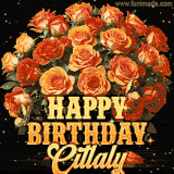 Animated bouquet of orange roses with moving butterfles and golden 'Happy Birthday Citlaly' text, surrounded by sparkling accents and a dark backdrop for a luxurious feel.