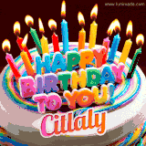 A colorful birthday cake topped with lit candles, with the words 'Happy Birthday Citlaly' in bold glowing letters on a burgundy background. Animated flames add a festive touch.