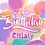 A vibrant name GIF featuring colorful balloons in shades of pink, orange, and yellow with the bold text 'Happy Birthday Citlaly' in festive fonts, creating a lively birthday vibe.