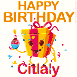 A vibrant and funny gift box character with a happy face dancing with a cupcake and the text 'Happy Birthday Citlaly,' surrounded by animated confetti and party vibes.