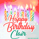 Bright birthday candles with rainbow flames on a cake, alongside the text 'Happy Birthday Clair' in vibrant script in this celebratory animated GIF.