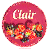 Beautifully decorated red velvet berry birthday cake with vibrant fruits and a glowing 'Clair' name, adding a touch of sweetness and sparkle.