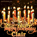 A glowing personalized birthday GIF with name Clair featuring lit candles with intricate designs, warm lighting, and the text 'Happy Birthday' in an elegant font.