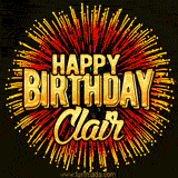 Golden 'Happy Birthday Clair' text accompanied by animated rainbow fireworks for a festive animated greeting.