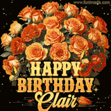 Animated bouquet of orange roses with moving butterfles and golden 'Happy Birthday Clair' text, surrounded by sparkling accents and a dark backdrop for a luxurious feel.