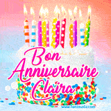 A white birthday cake covered in colorful sprinkles, topped with bright candles, and French text 'Bon Anniversaire Claira' on a pastel gradient background in an animated GIF.